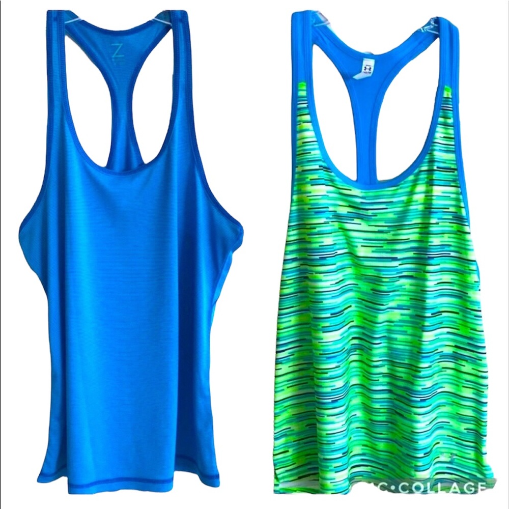 NEW Zella & Under Armour 2 Pc Bundle Racerback Workout Tank Tops Blue Green MED